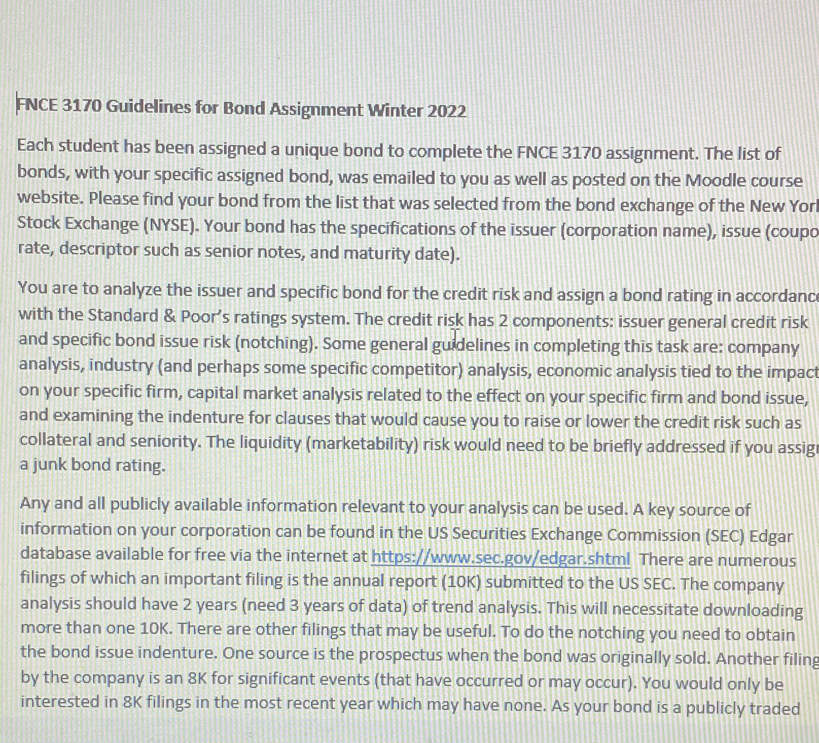 FNCE 3170 Guidelines for Bond Assignment Winter