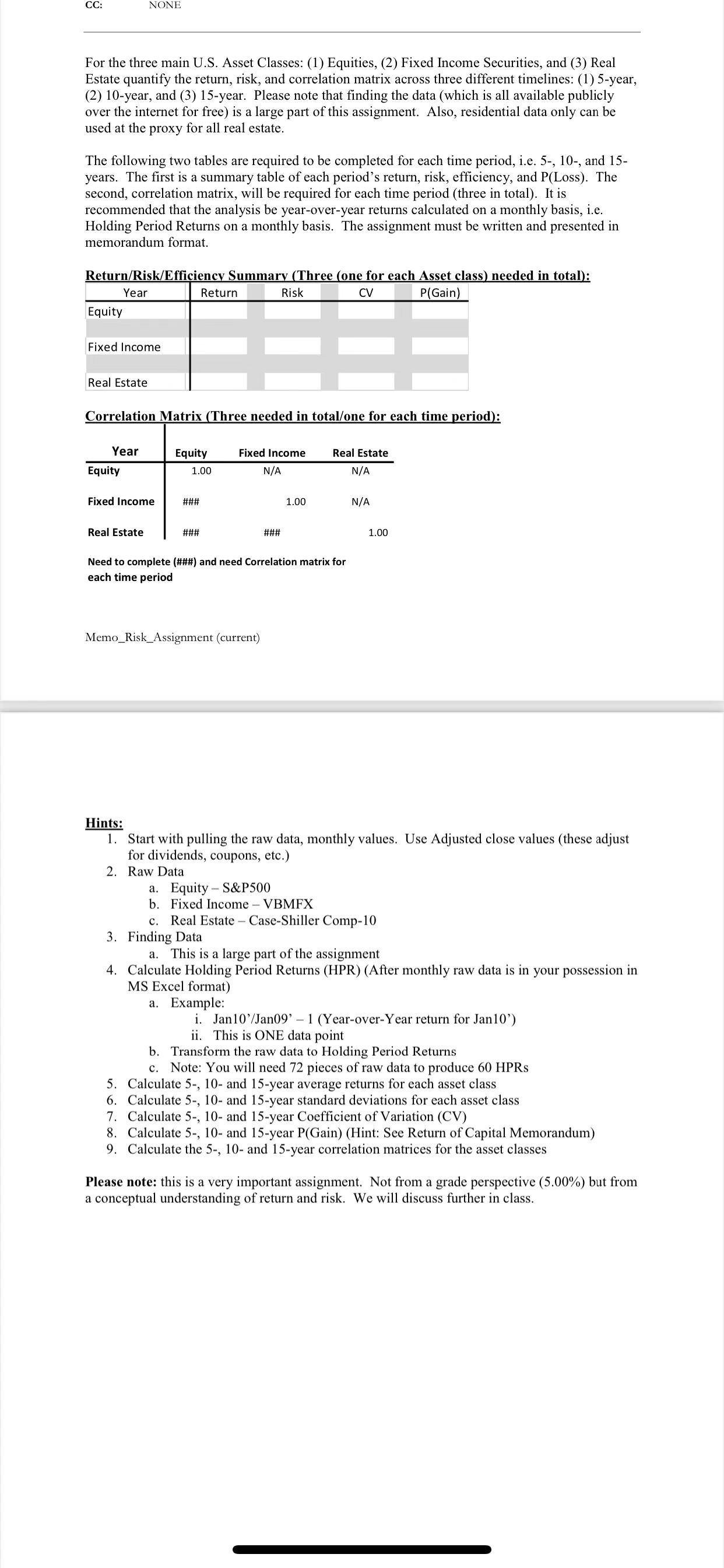 CC: NONE For the three main U.S. Asset Classes: