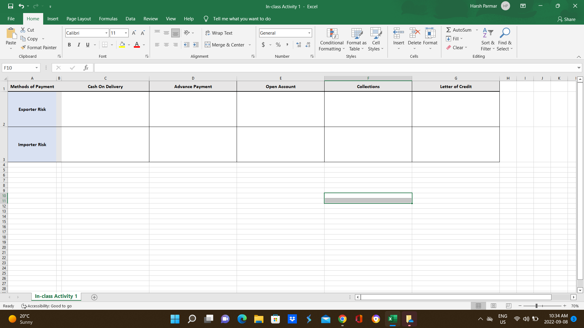 X In-class Activity 1 - Excel Harsh Parmar File