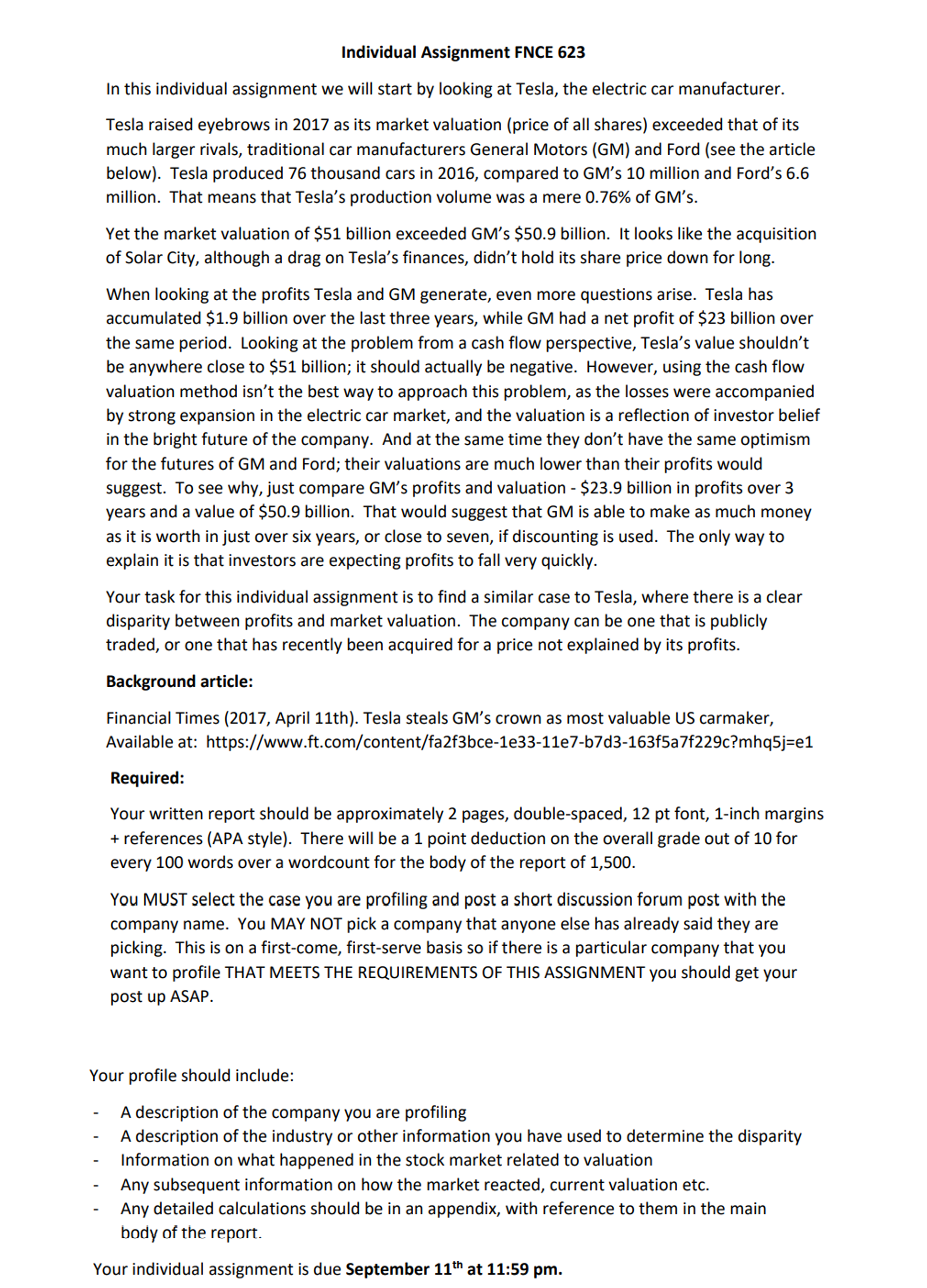 Individual Assignment FNCE 623 In this individual