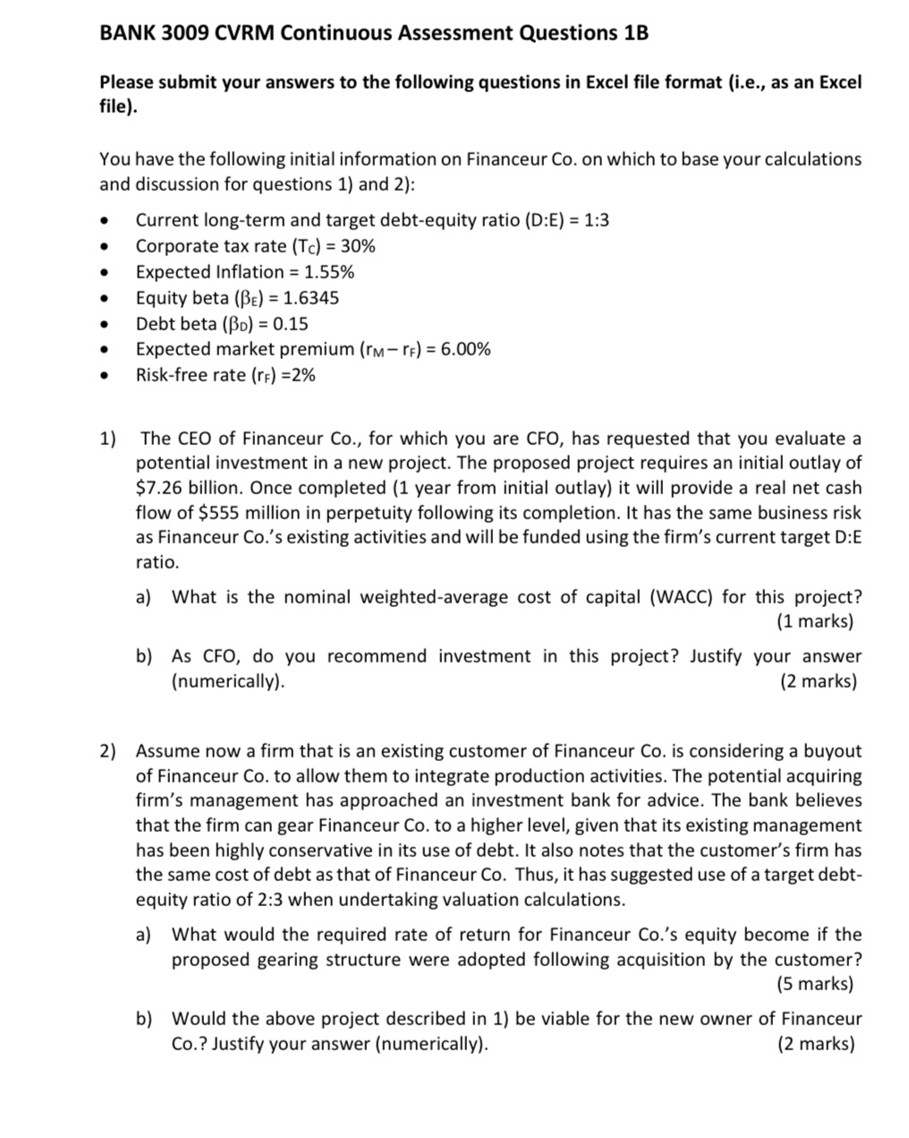 answer in excel format please BANK 3009 CVRM