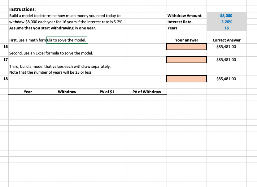 A B C D E F G H Instructions: Build a model to