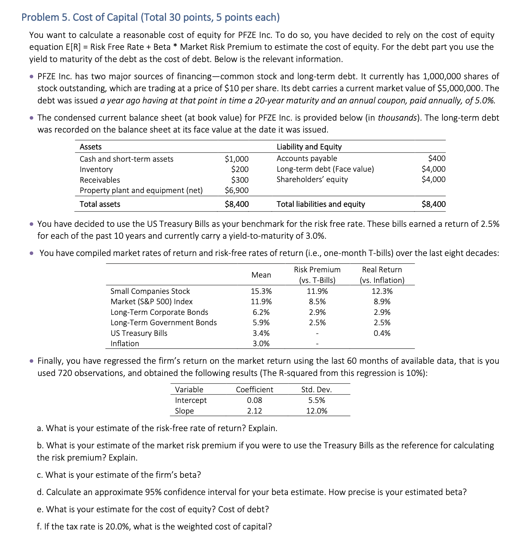 Problem 5. Cost of Capital (Total 30 points, 5