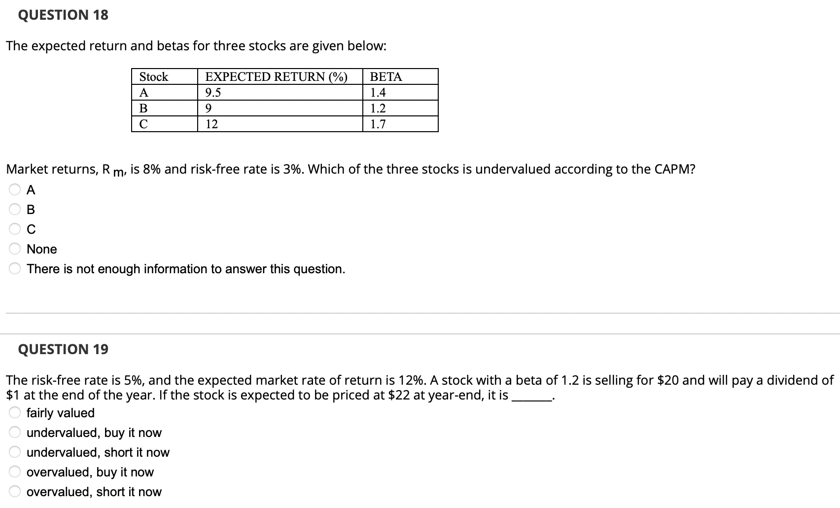 QUESTION 1 8 The expected return and betas for