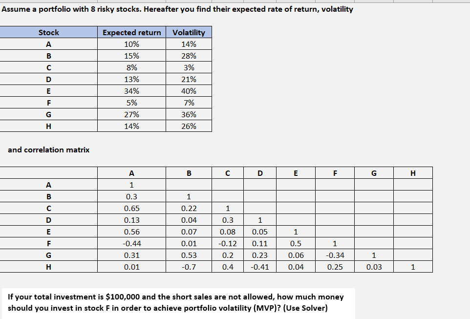 Assume a portfolio with S risky stocks. Hereafter