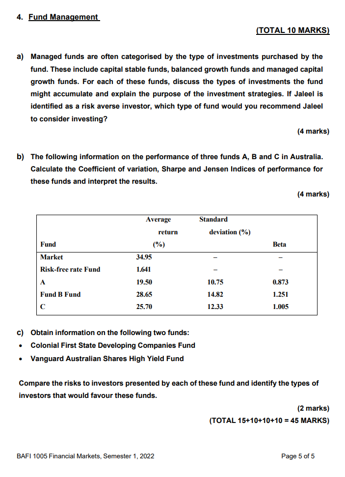 4. Fund Management (TOTAL 10 MARKS) a) Managed