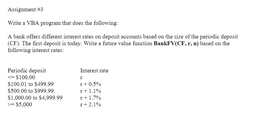 Assignment #3 Write a VBA program that does the