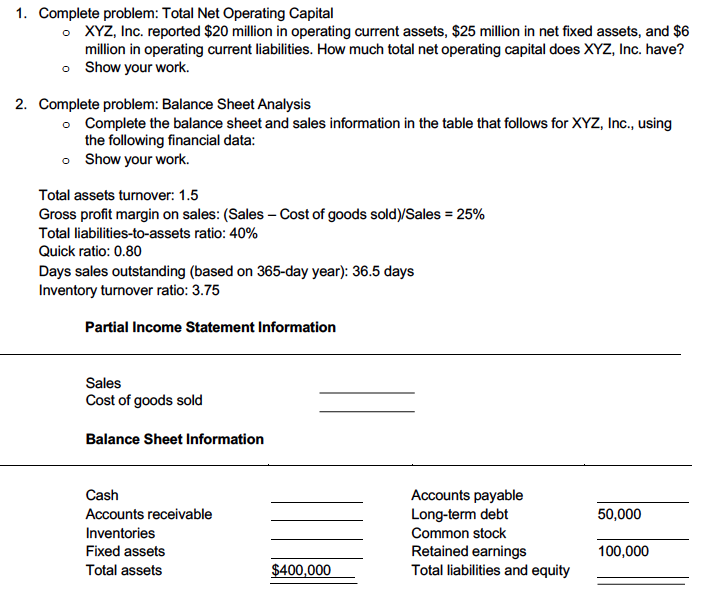 1. Complete problem: Total Net Operating Capital