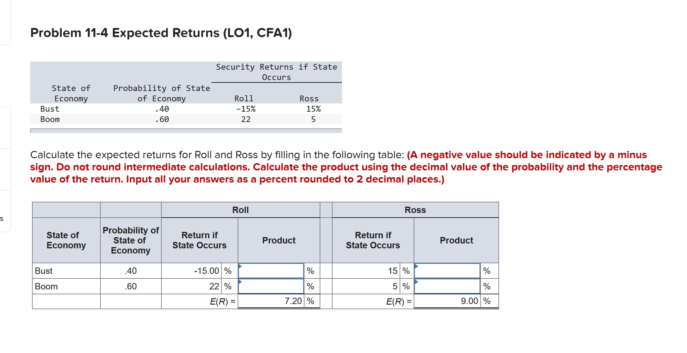 Problem 11-4 Expected Returns (L01, CFA1)