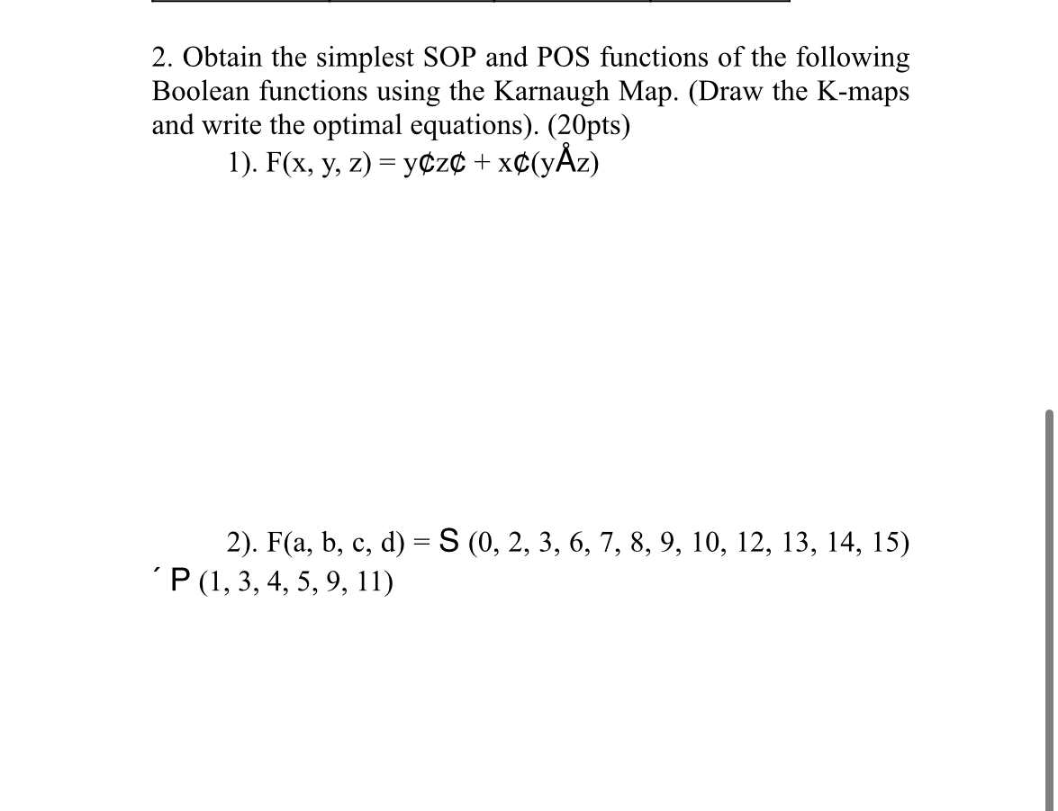 Obtain the simplest SOP and POS functions of the