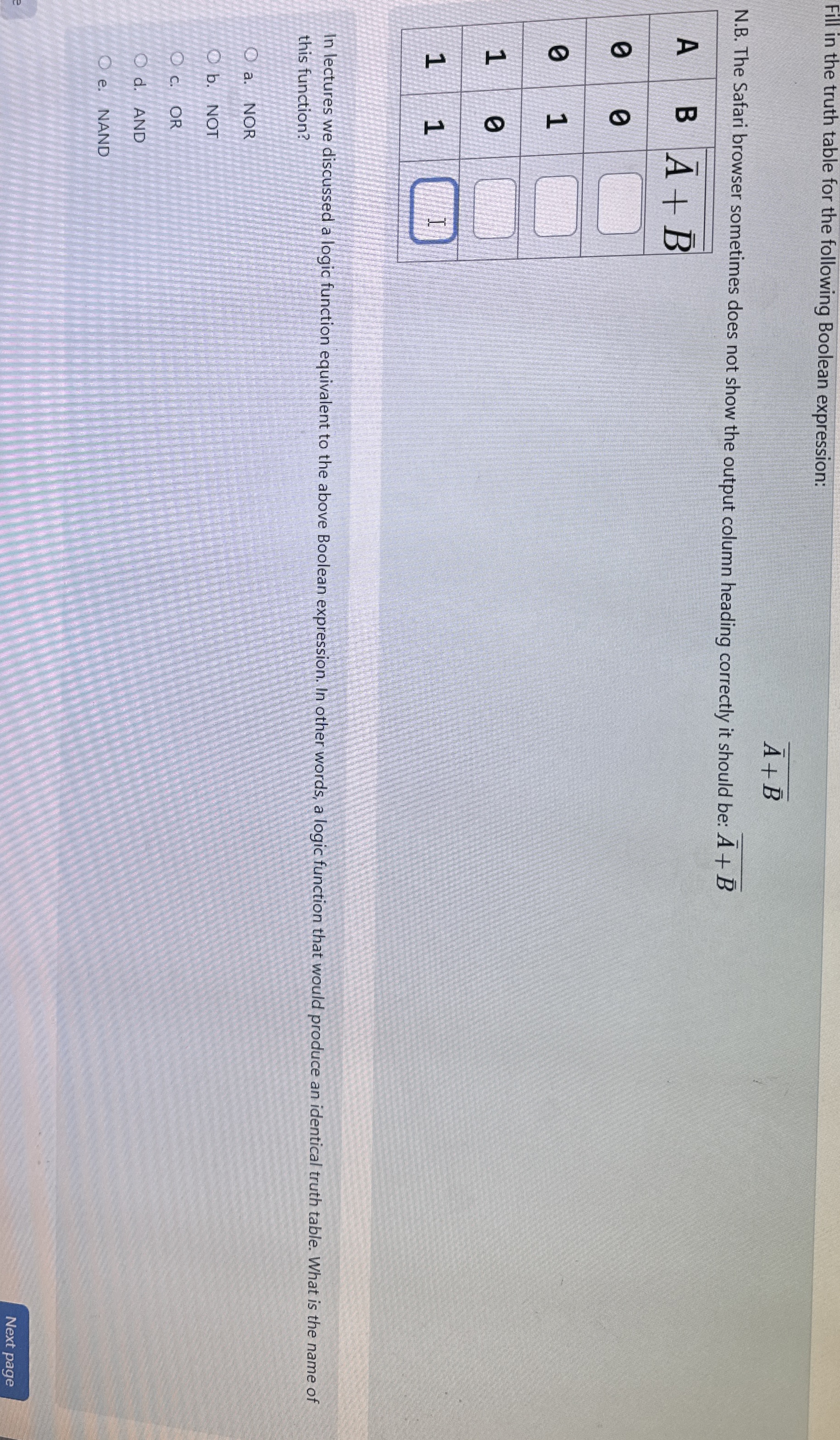 Fill in the truth table for the following Boolean