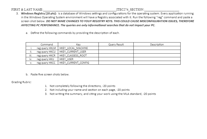 FIRST & LAST NAME: ITEC 2 7 4 _ SECTION: Windows