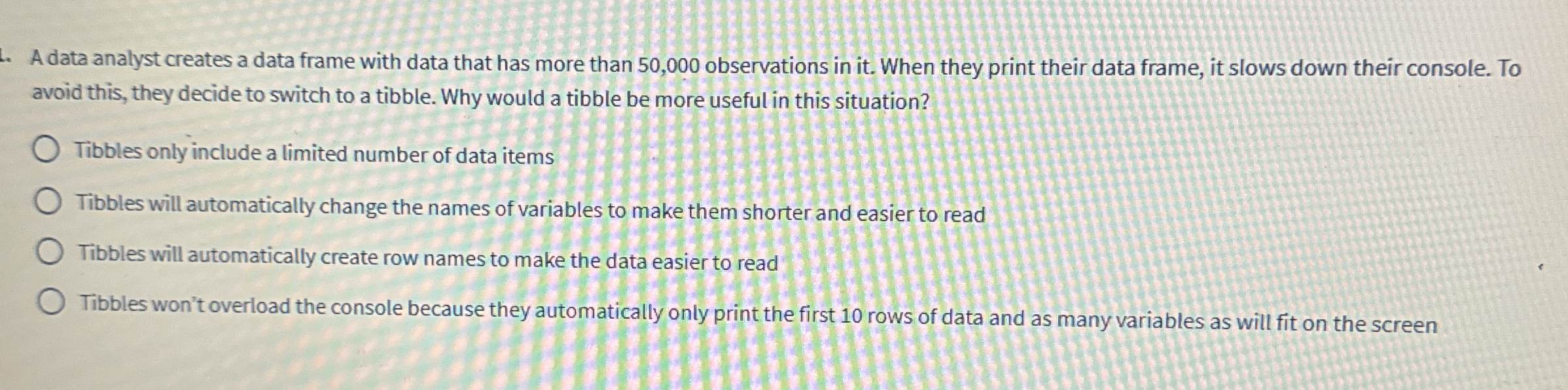 A data analyst creates a data frame with data