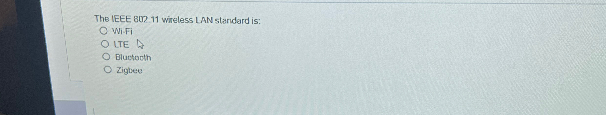 The IEEE 8 0 2 . 1 1 wireless LAN standard is: Wi