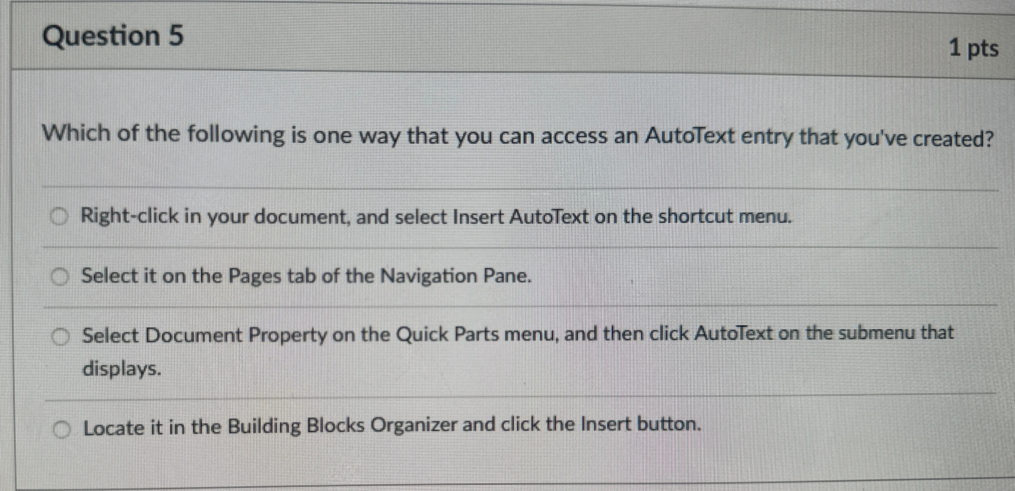 Question 5 1 p t s Which of the following is one