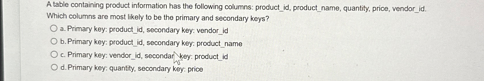 A table containing product information has the