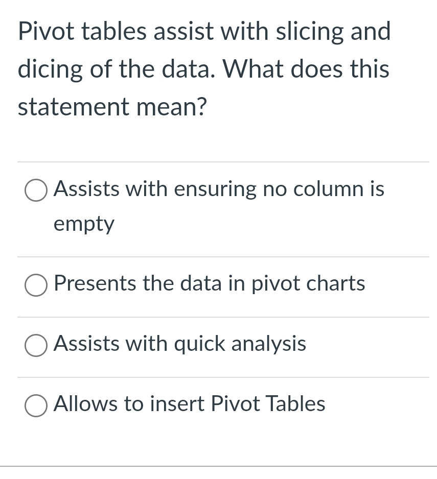 Pivot tables assist with slicing and dicing of