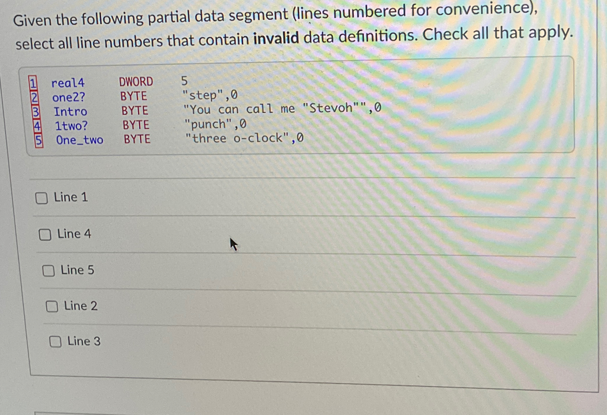 Given the following partial data segment ( lines