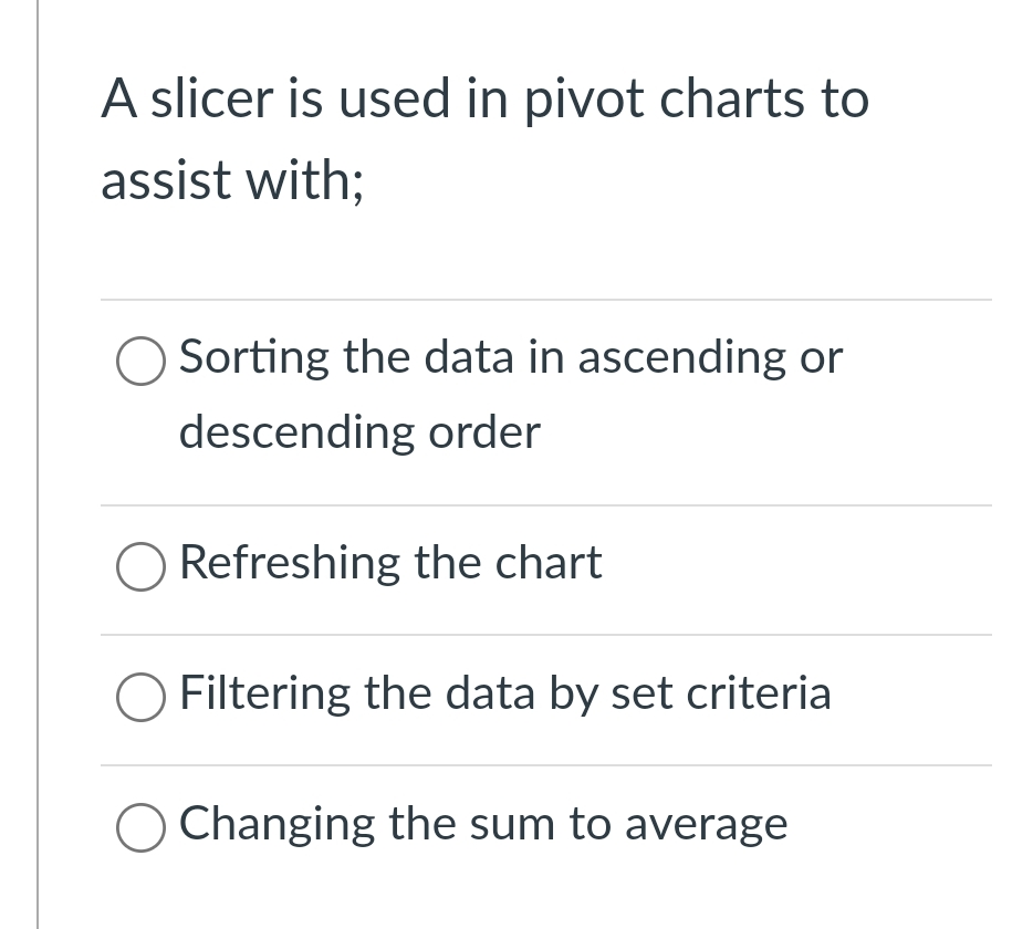A slicer is used in pivot charts to assist with;