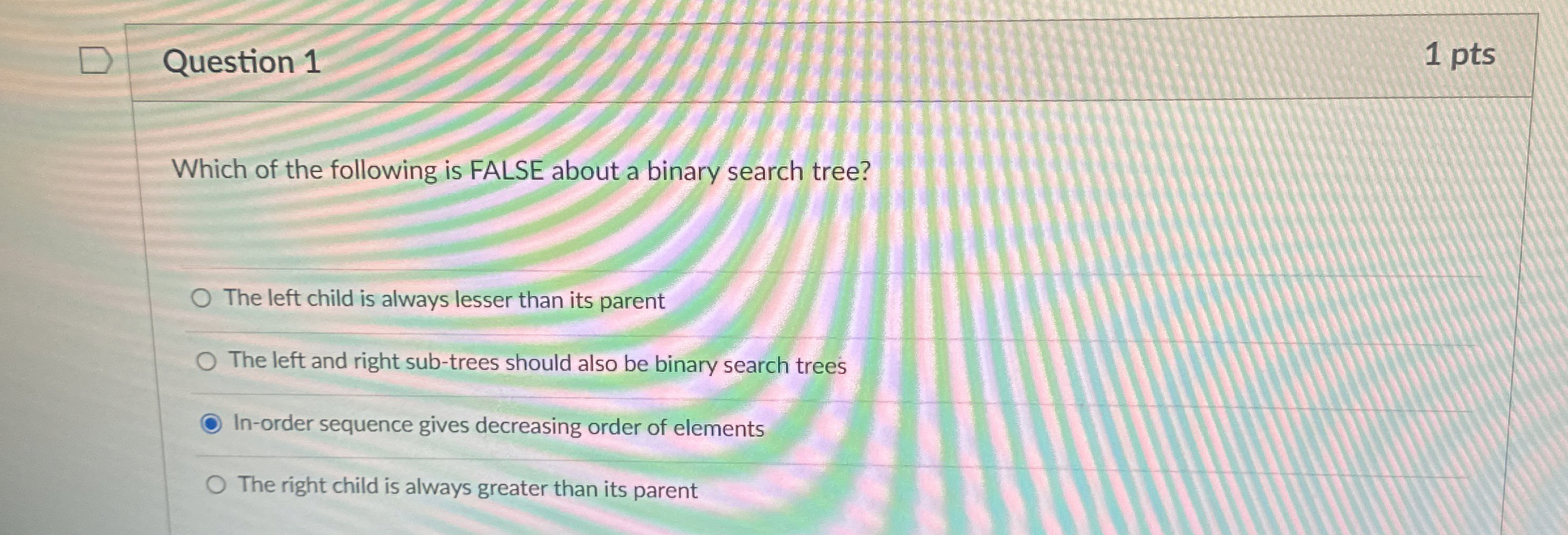 Question 1 1 pts Which of the following is FALSE