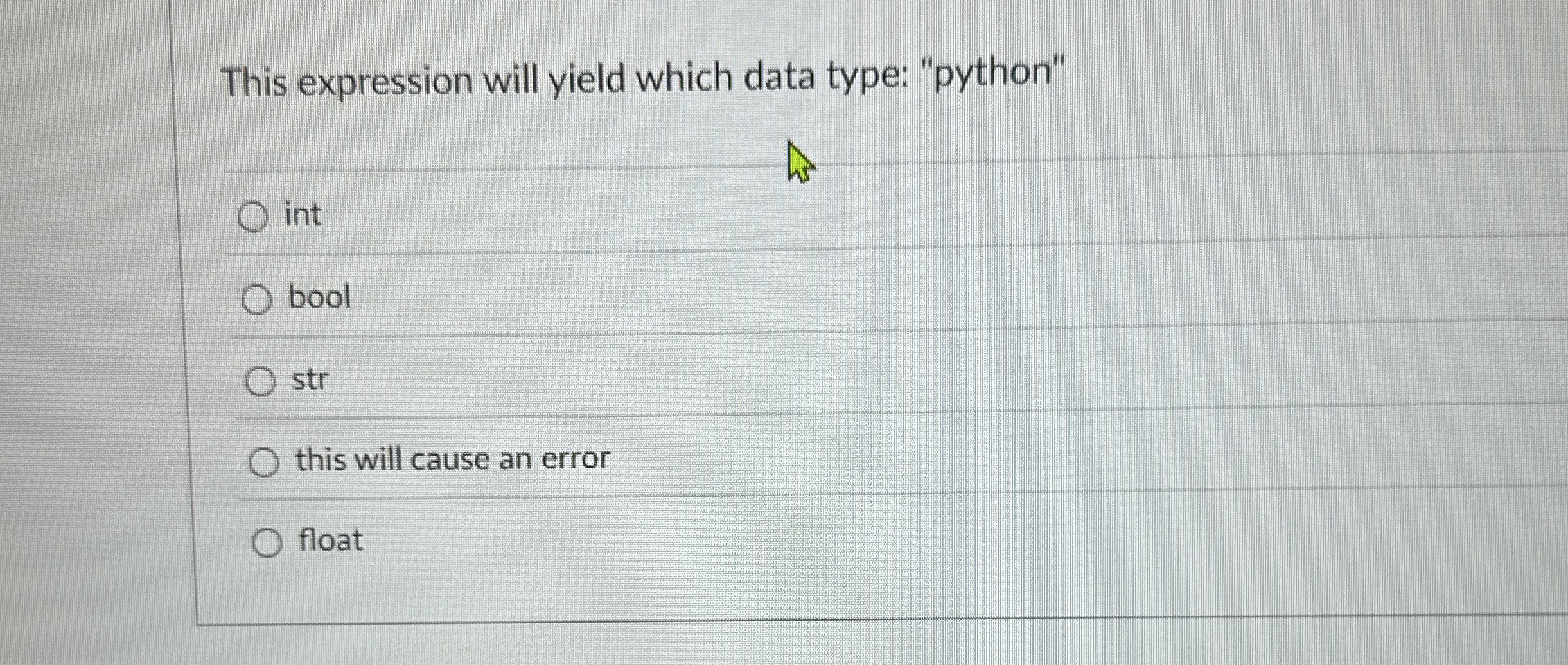 This expression will yield which data type: