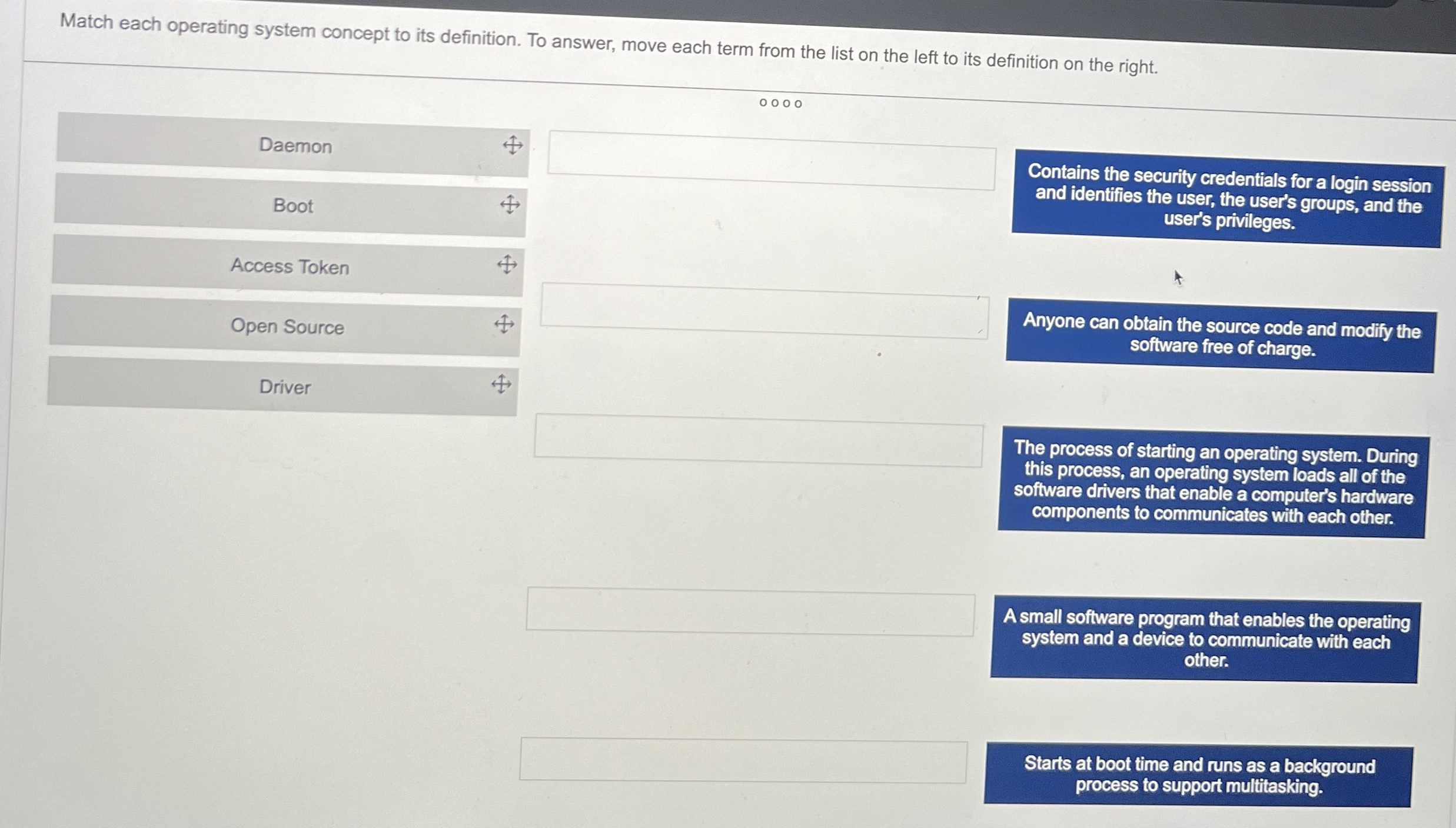 Match each operating system concept to its