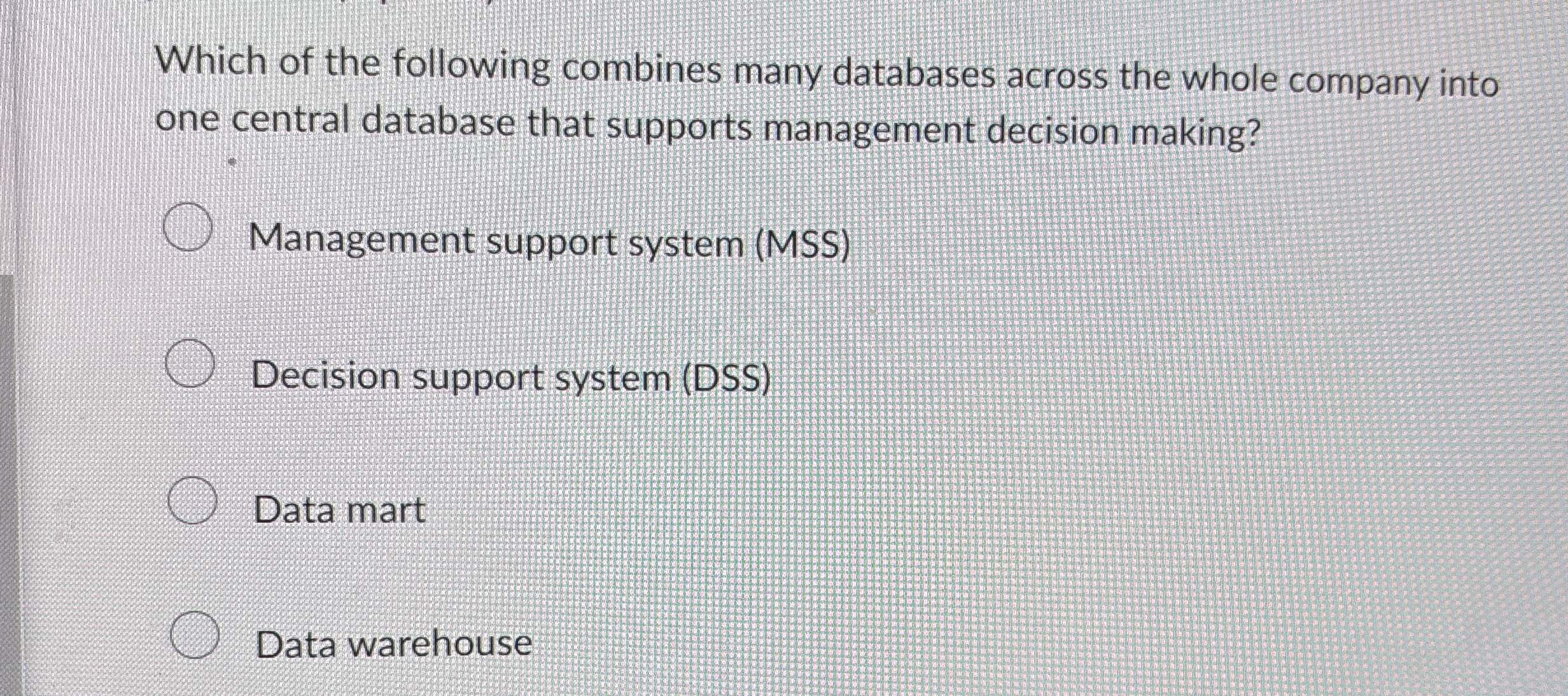 Which of the following combines many databases