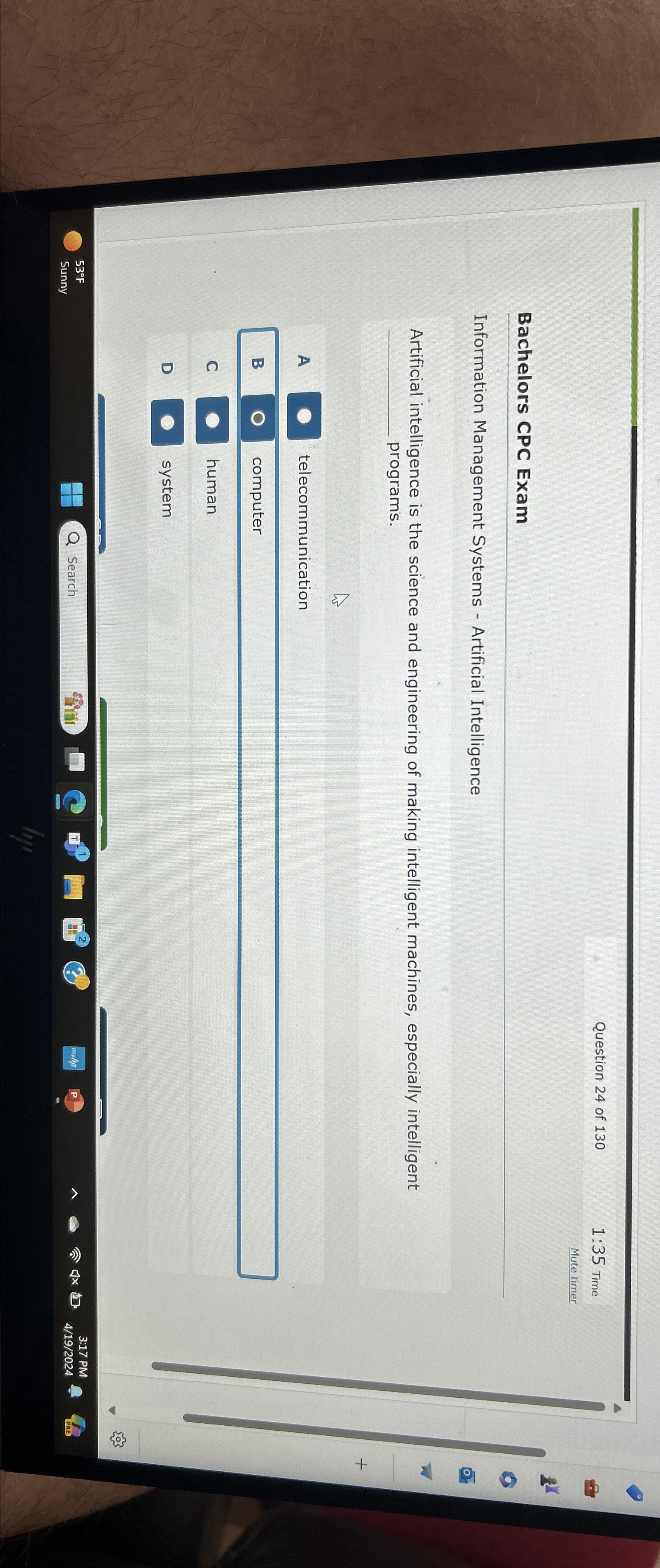 Question 2 4 of 1 3 0 1 : 3 5 Time Mute timer