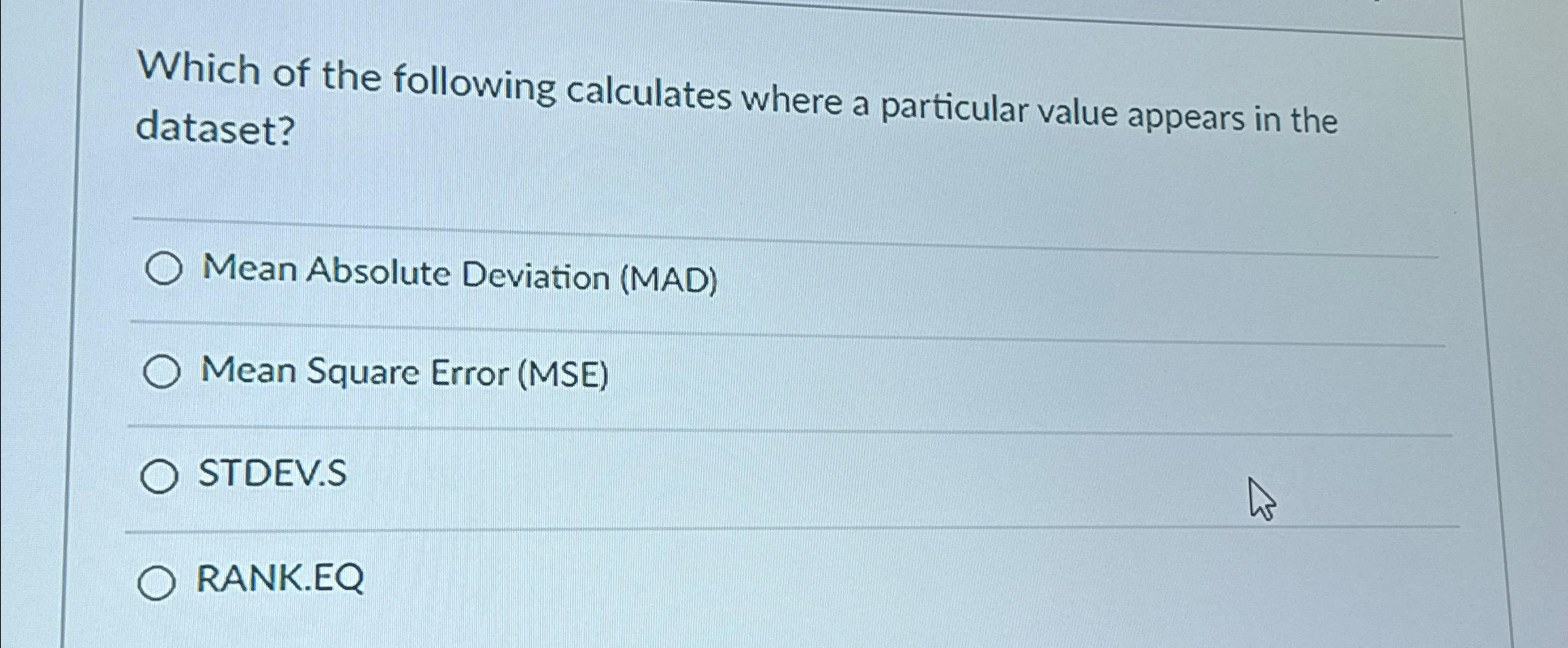 Which of the following calculates where a