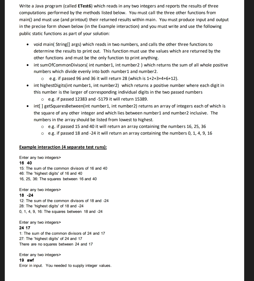 Write a Java program ( called ETest 6 ) which