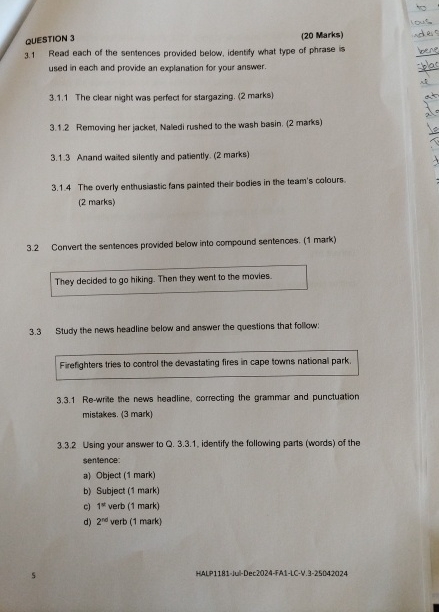 QUESTION 3 ( 2 0 Marks ) 3 . 1 Read each of the