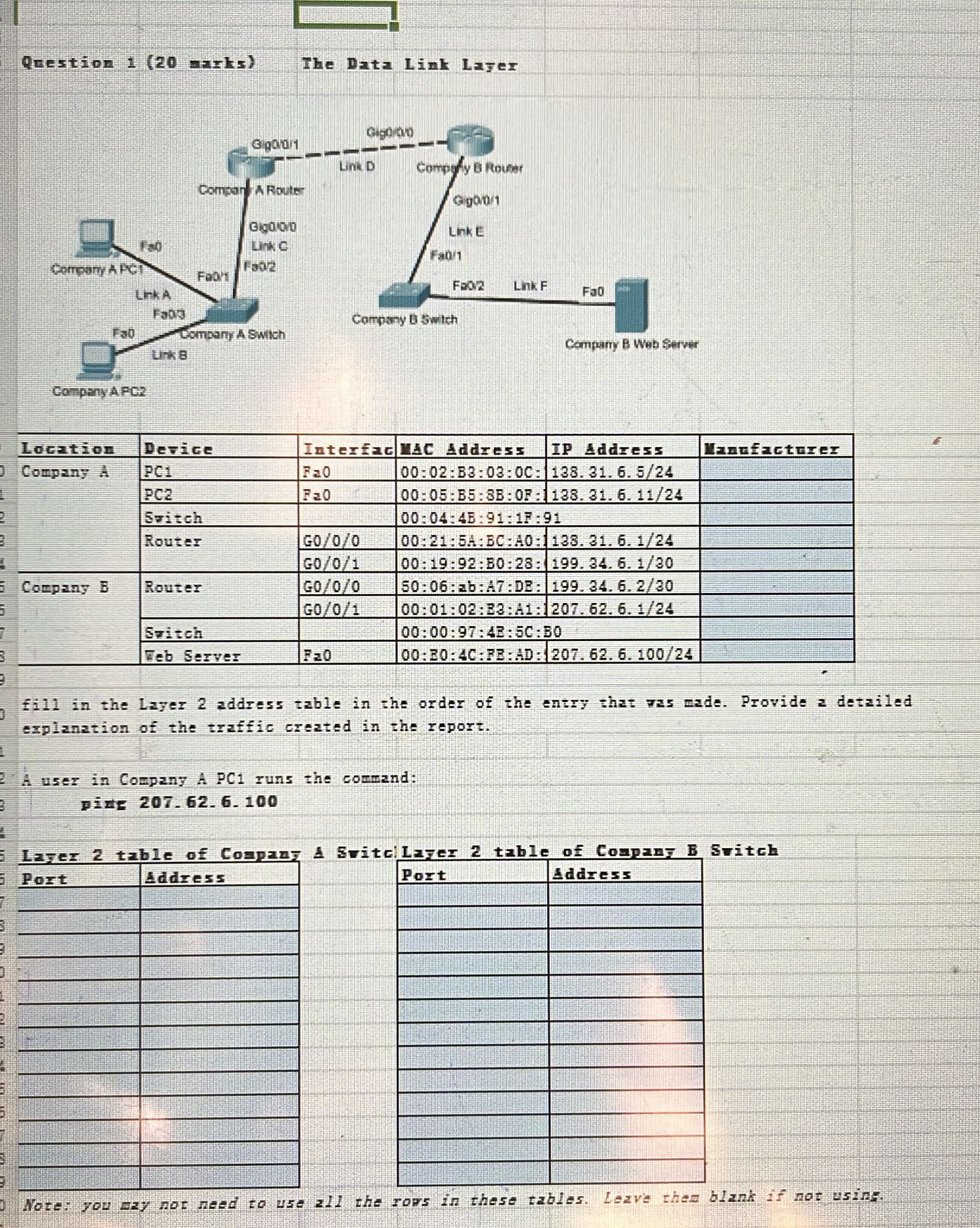 Qrestion 1 ( 2 0 mark ) The Data Link Layer \