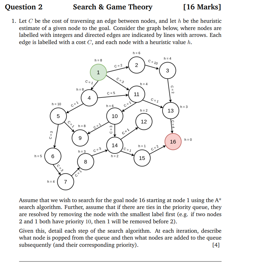 Question 2 Search & Game Theory [ 1 6 Marks ] Let