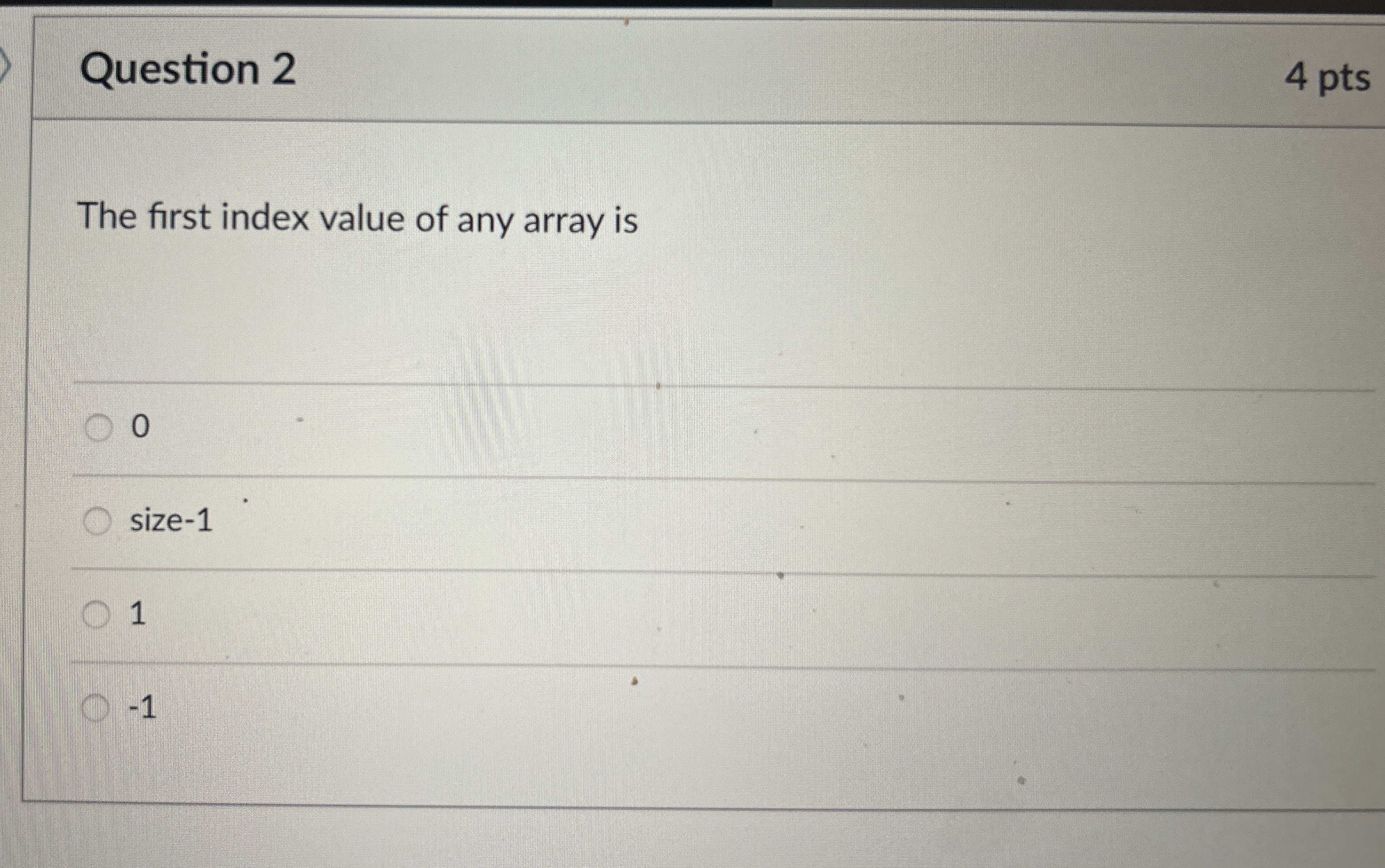 Question 2 4 pts The first index value of any