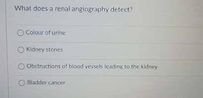 What does a renal angiography detect? Colour of