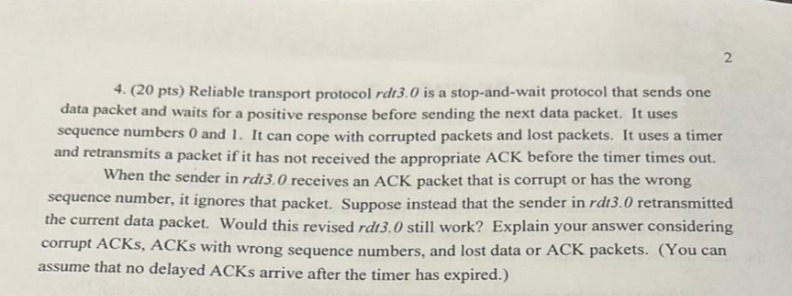 ( 2 0 pts ) Reliable transport protocol rdt 3 . 0