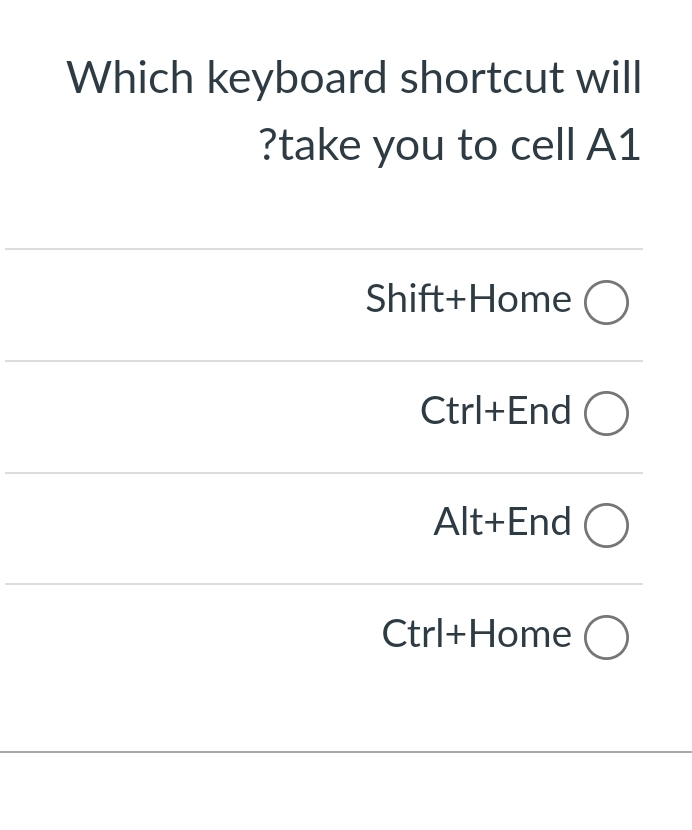 Which keyboard shortcut will ? take you to cell A