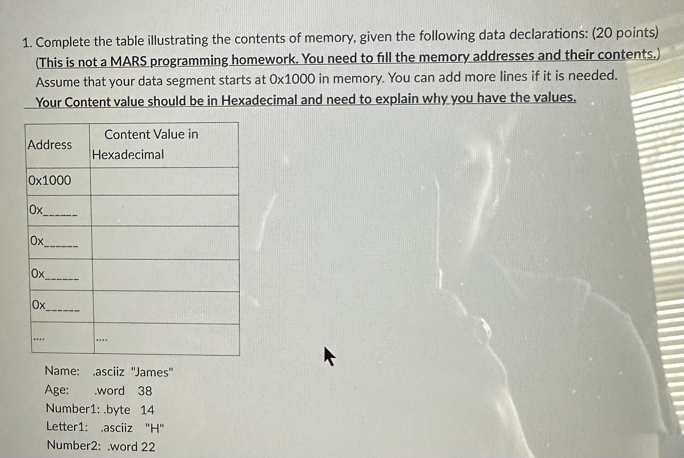 Complete the table illustrating the contents of