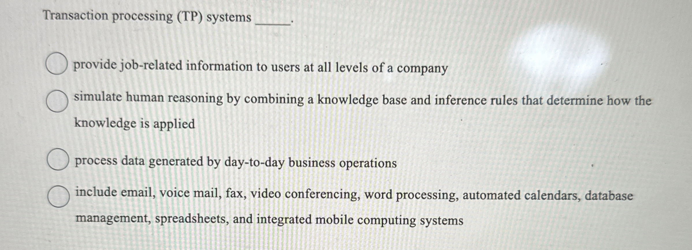 Transaction processing ( TP ) systems provide job