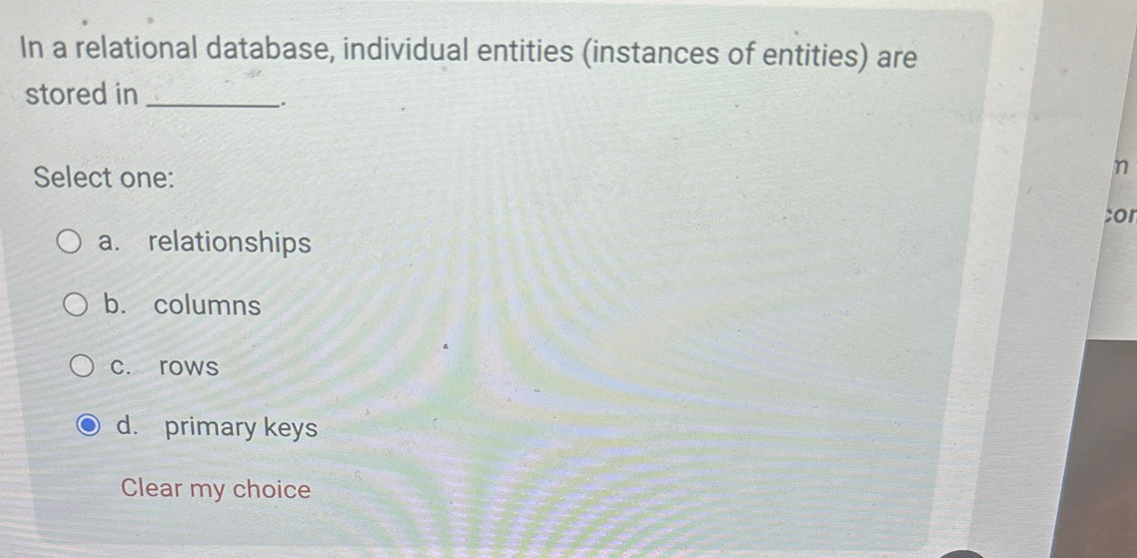 In a relational database, individual entities (