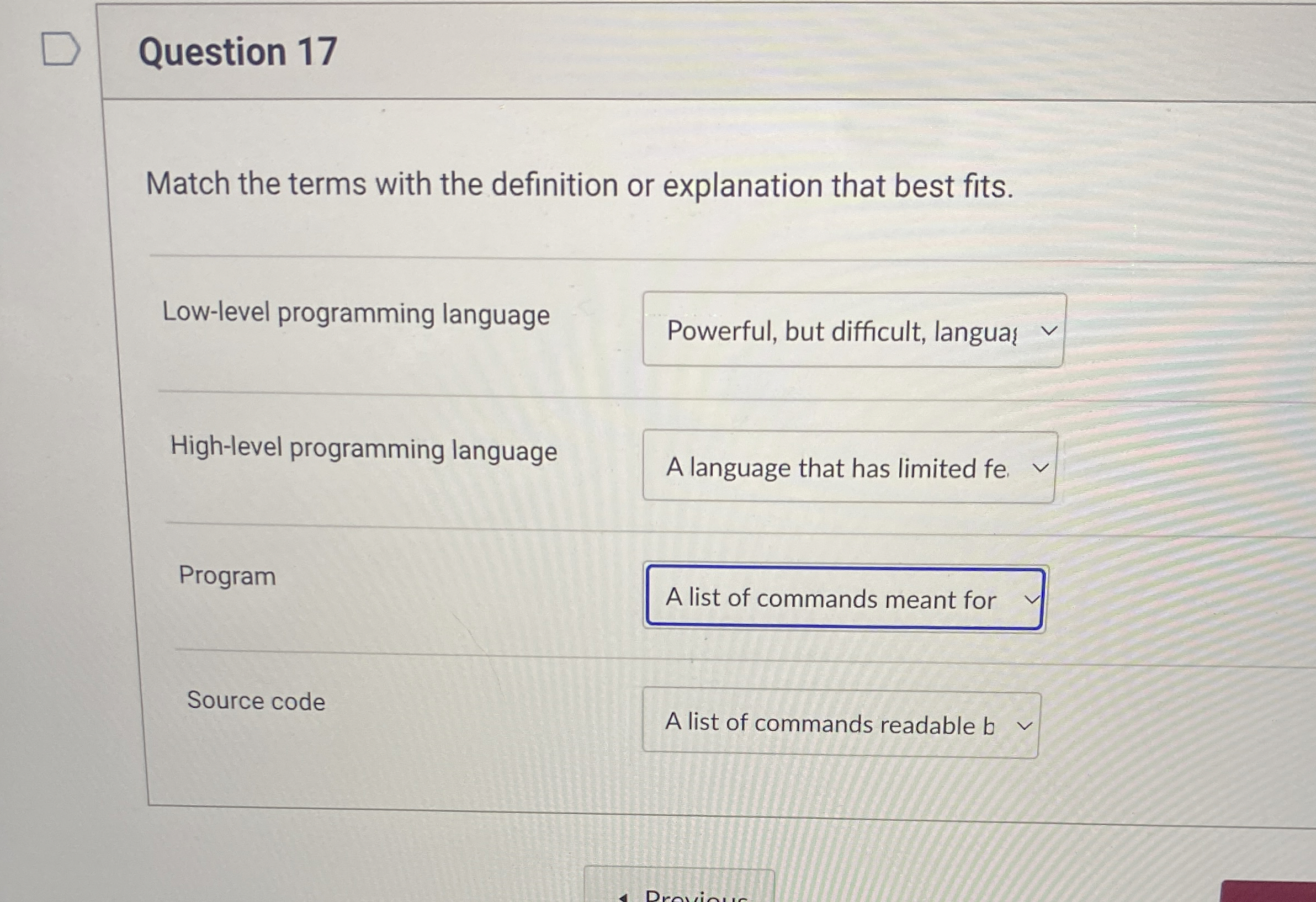 Question 1 7 Match the terms with the definition