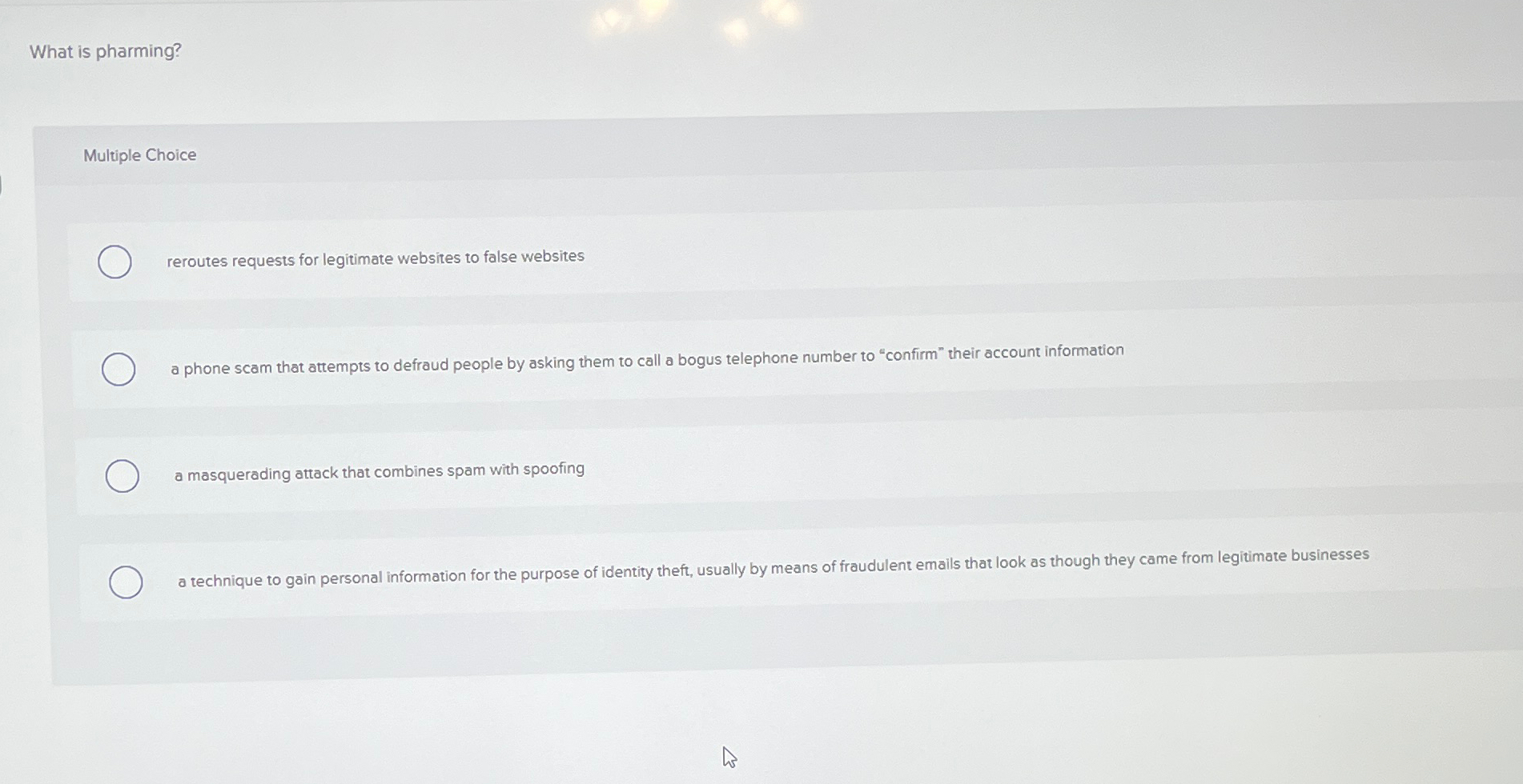 What is pharming? Multiple Choice reroutes
