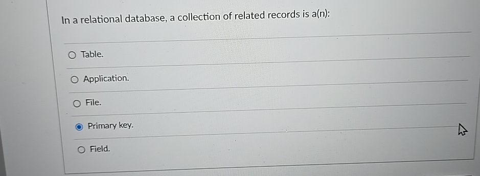 In a relational database, a collection of related