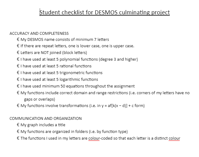Student checklist for DESMOS culminating project