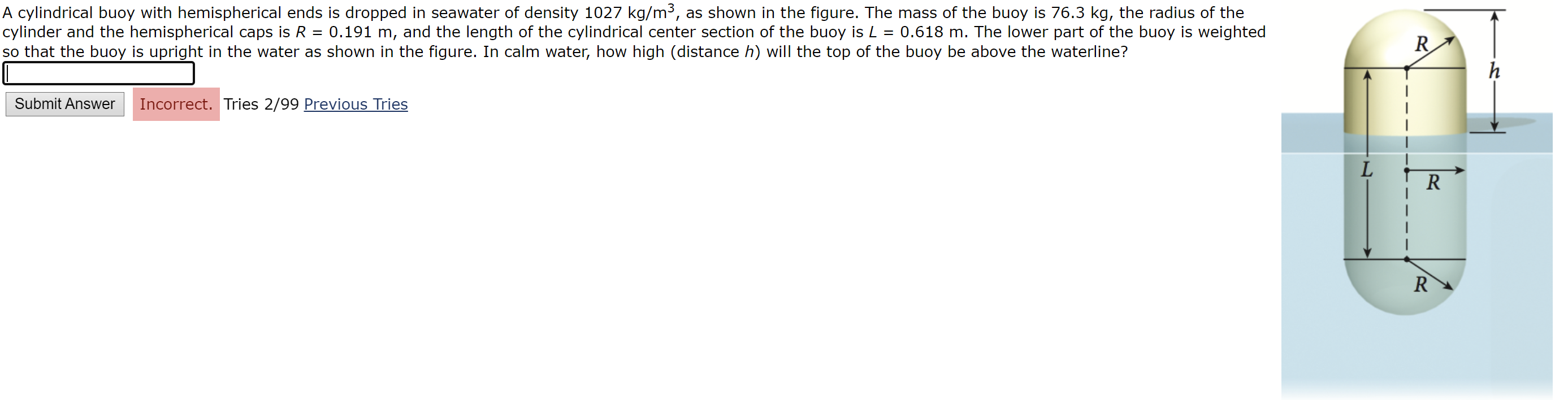 A cylindrical buoy with hemispherical ends is