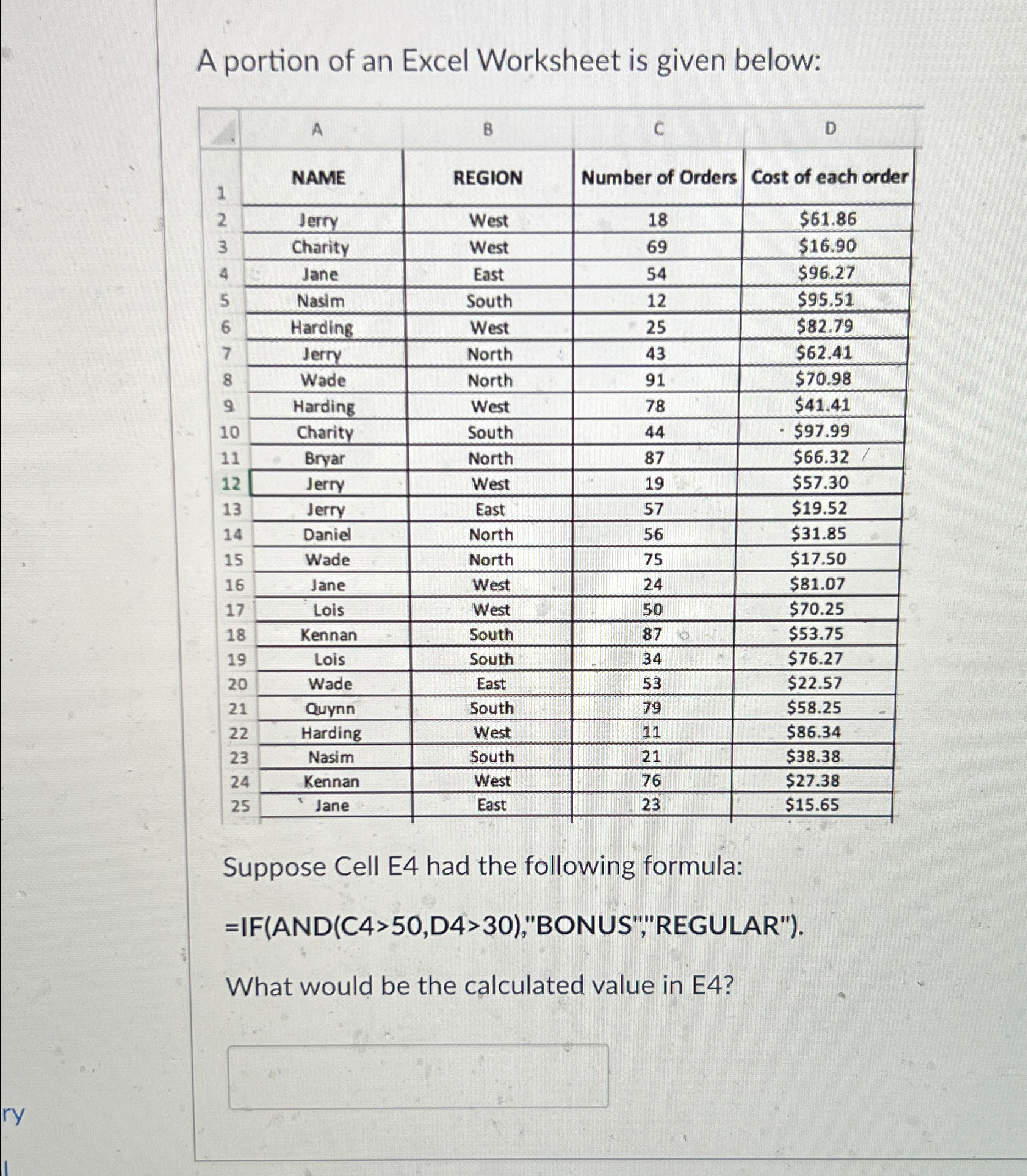 A portion of an Excel Worksheet is given below: \