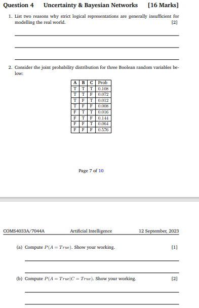Question 4 Uncertainty & Bayesian Networks List