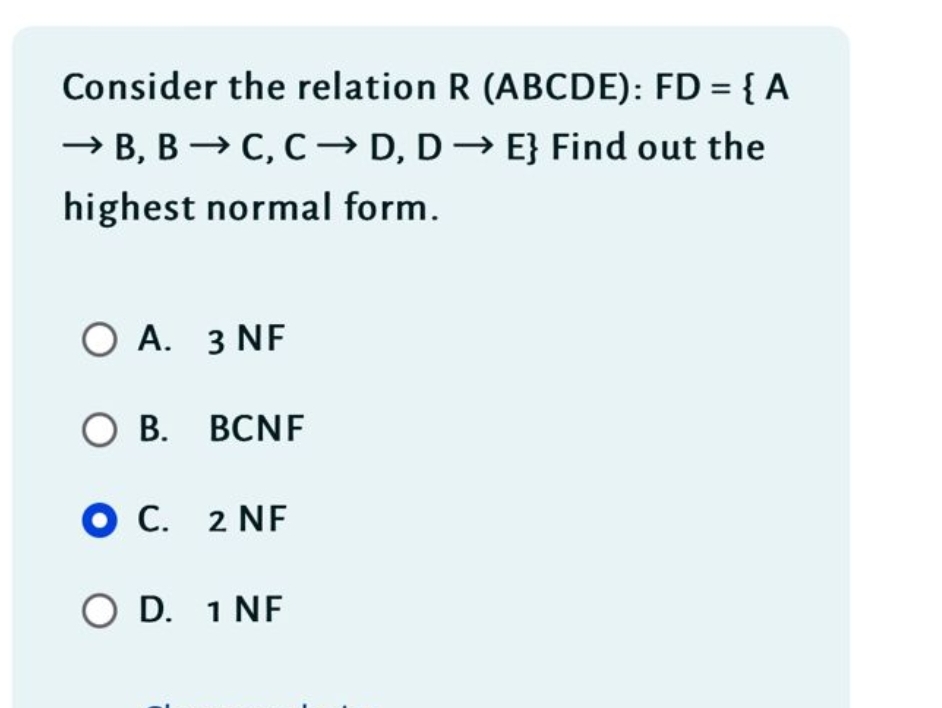 Consider the relation B , B C , C D , D E Find