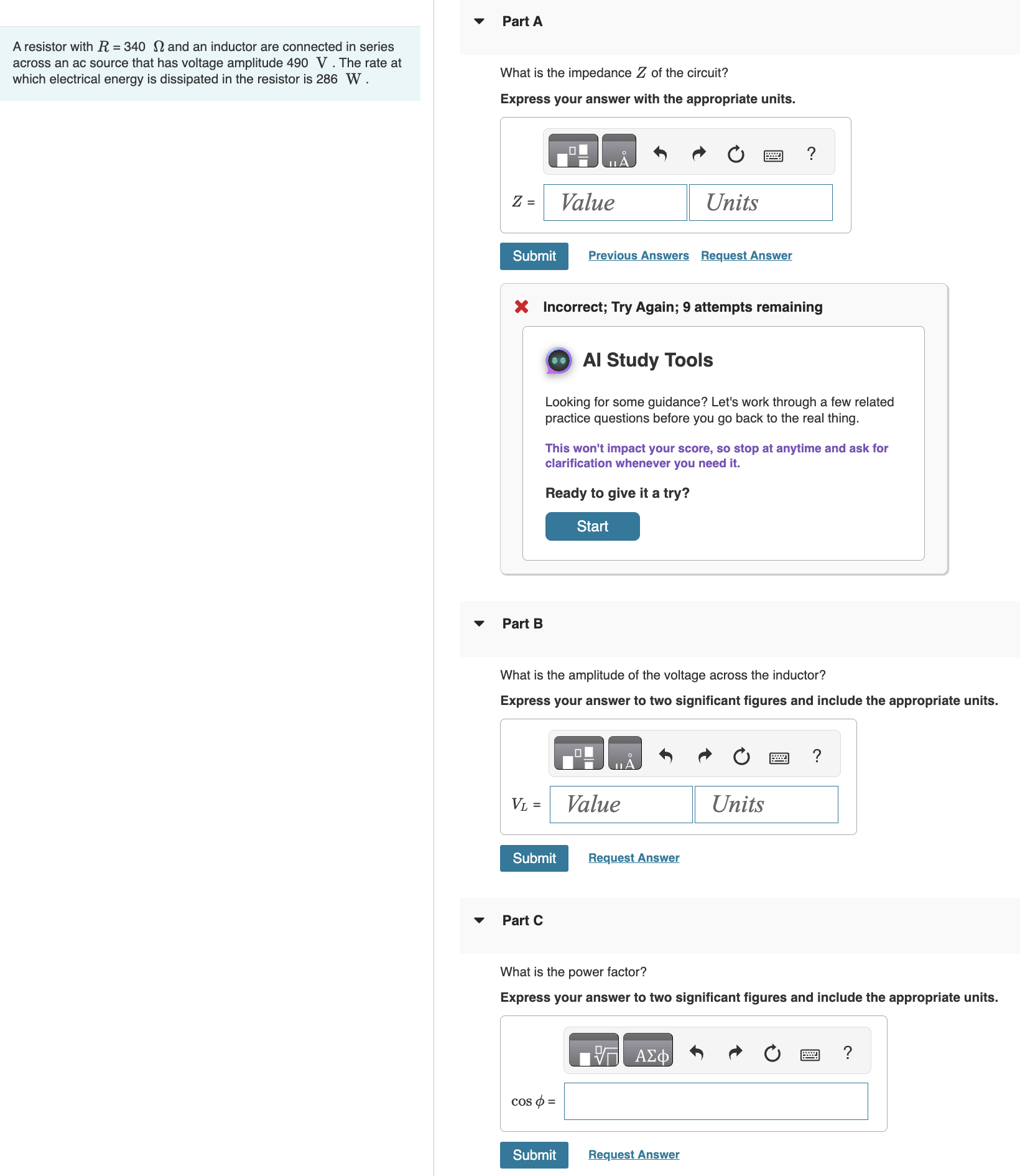 Part A A resistor with \ ( R = 3 4 0 \ Omega \ )