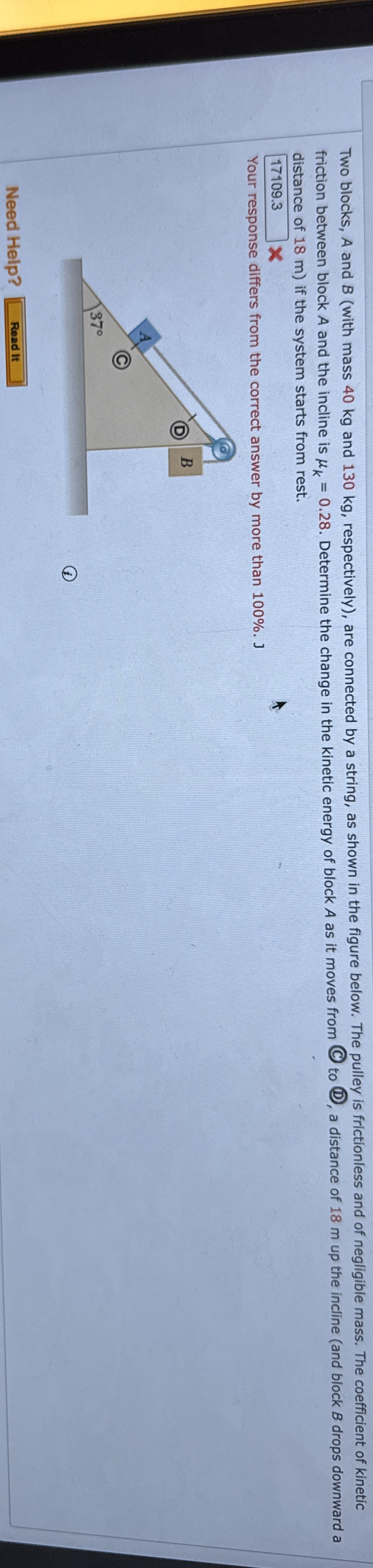 Two blocks, A and B ( with mass 4 0 kg and 1 3 0